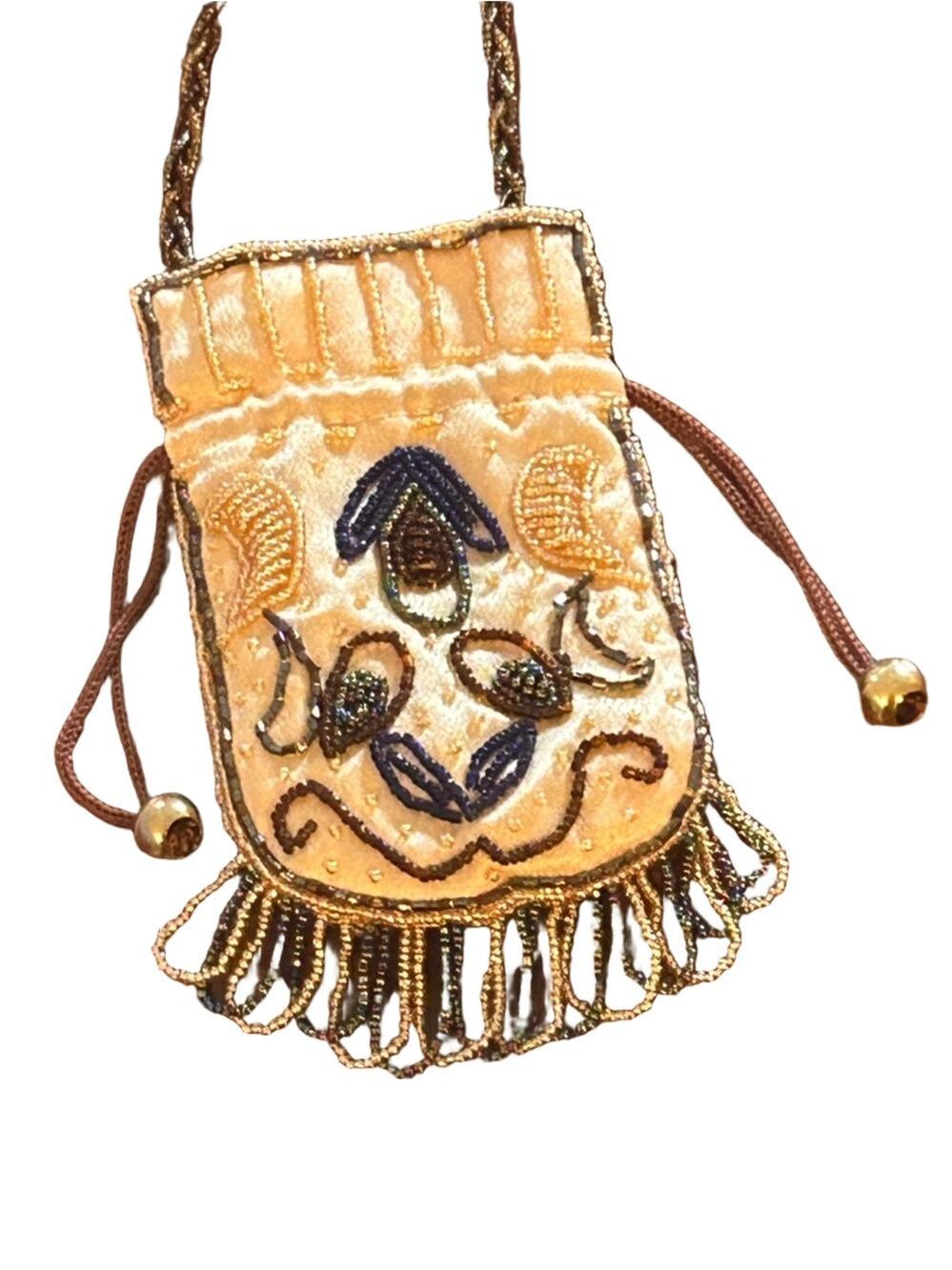 Mini Seed Bead Bag Festival Embroidered Beaded Drawstring Crossbody Bag Cream